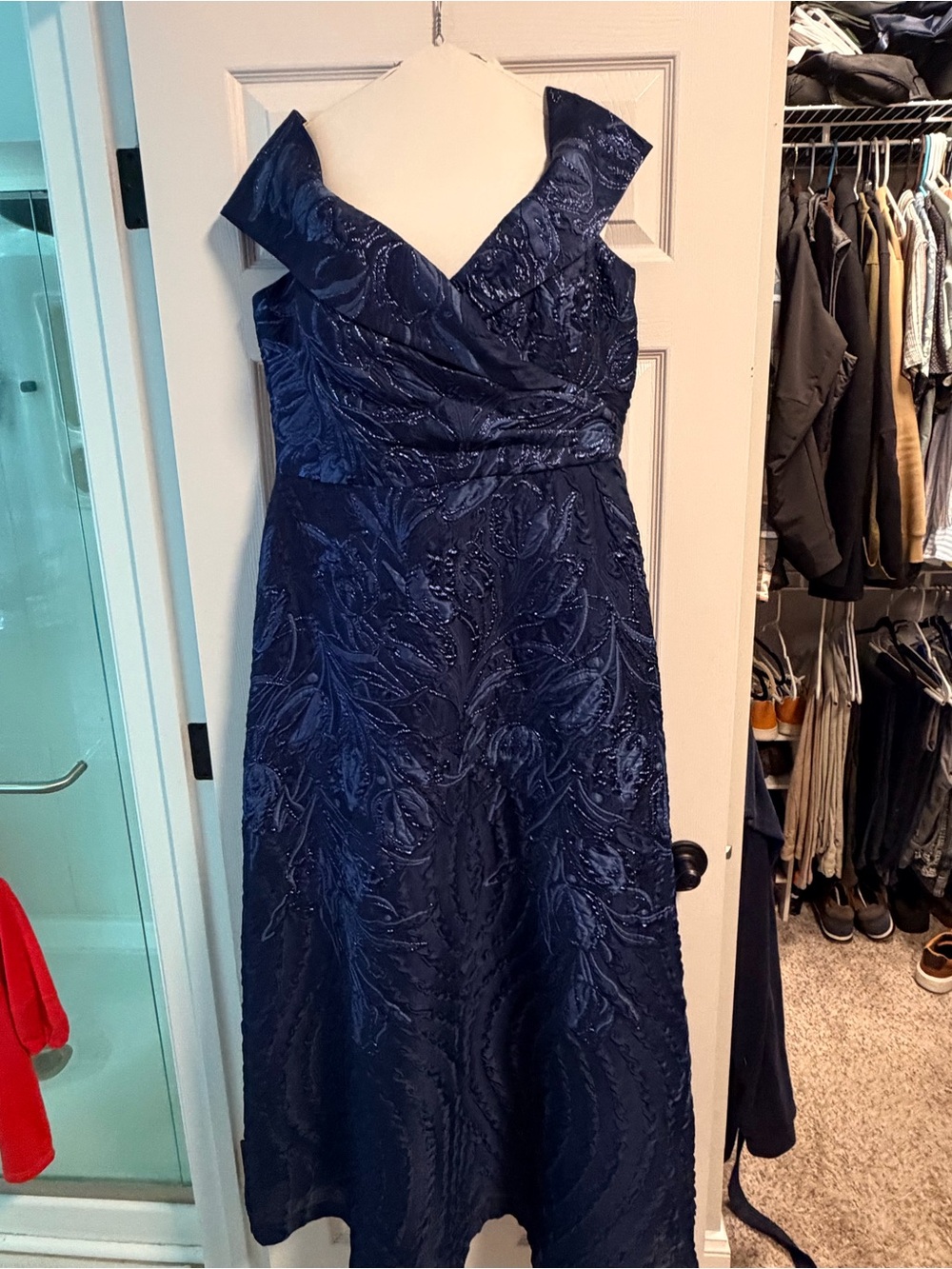 Teri Jon Strapless Navy Embroidered Evening Gown